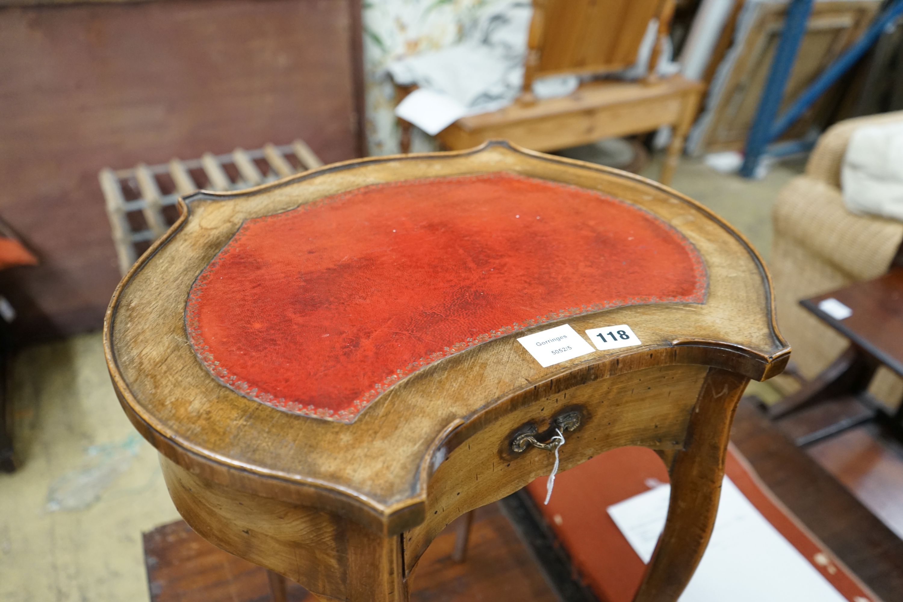 A French burr walnut veneered kidney shaped occasional table, width 49cm, depth 37cm, height 65cm